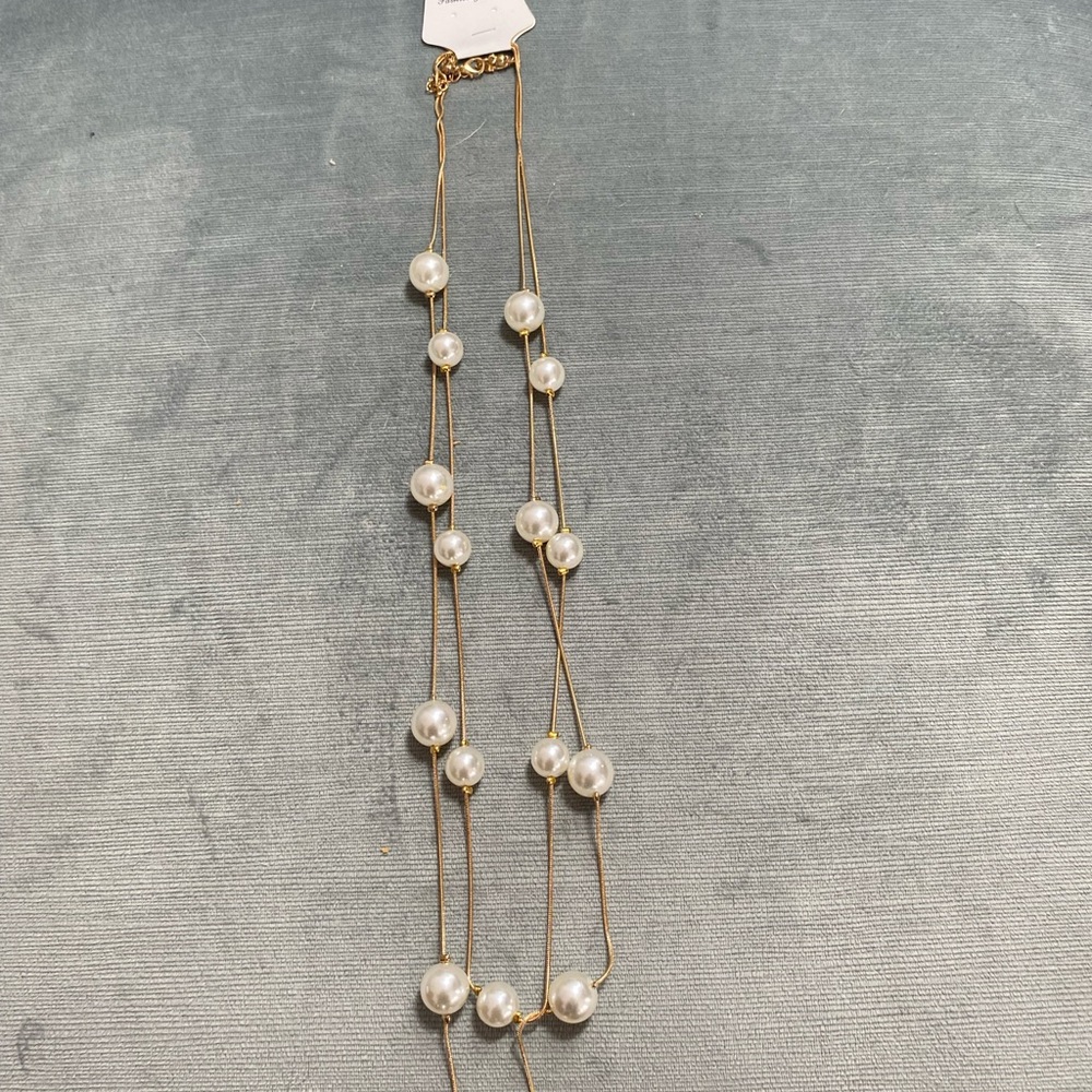 NWT Multi-Strand Goldtone Fashion Necklace with Faux Pearls